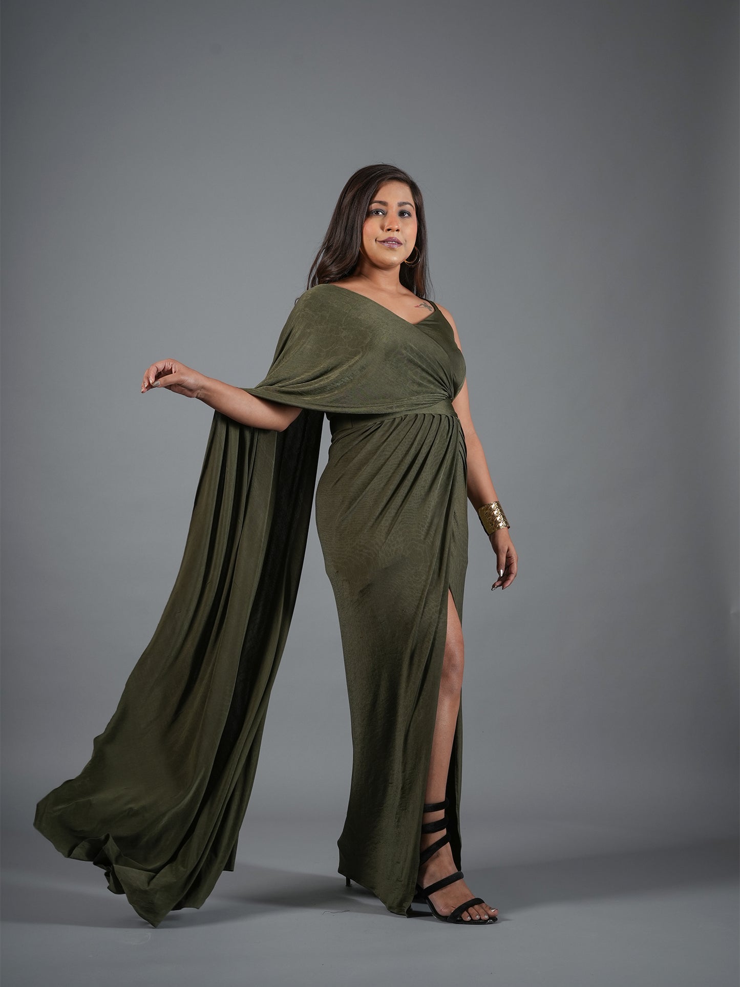 Olive Green Draped Goddess Gown