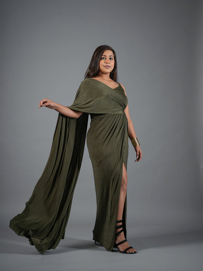 Olive Green Draped Goddess Gown