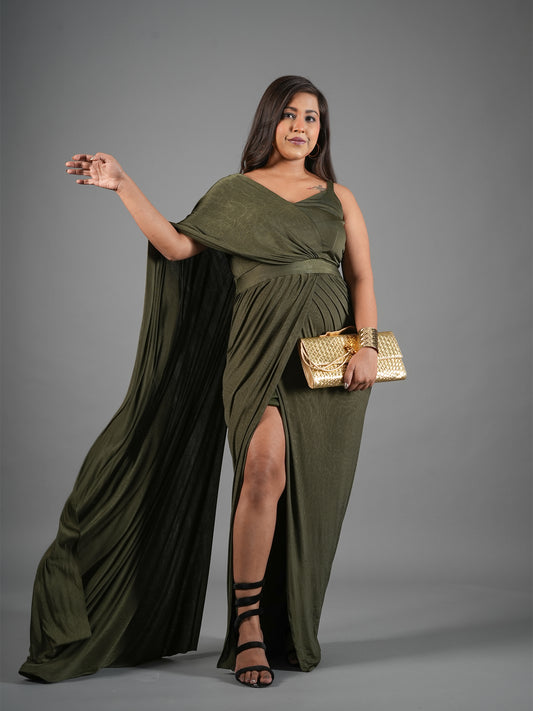Olive Green Draped Goddess Gown