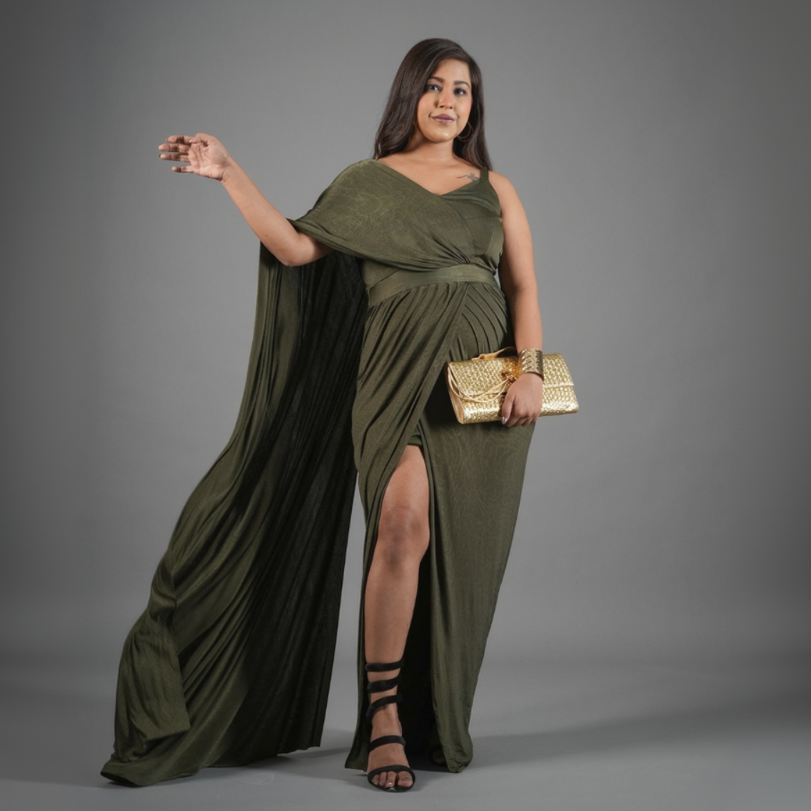 Olive Green Draped Goddess Gown