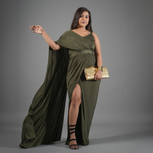 Olive Green Draped Goddess Gown