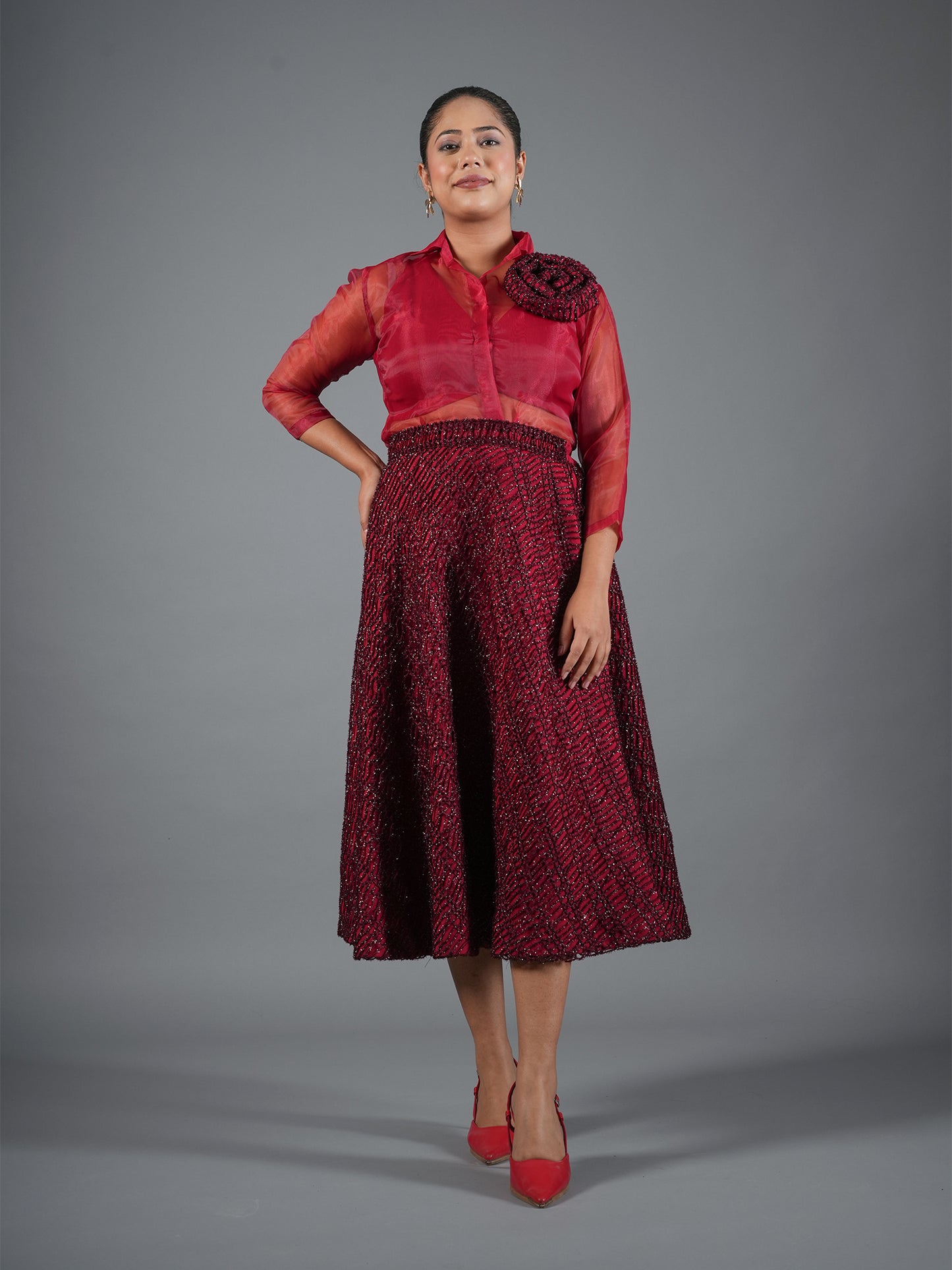 Crimson Sheer Organza Shirt & Sequin Midi Skirt Set