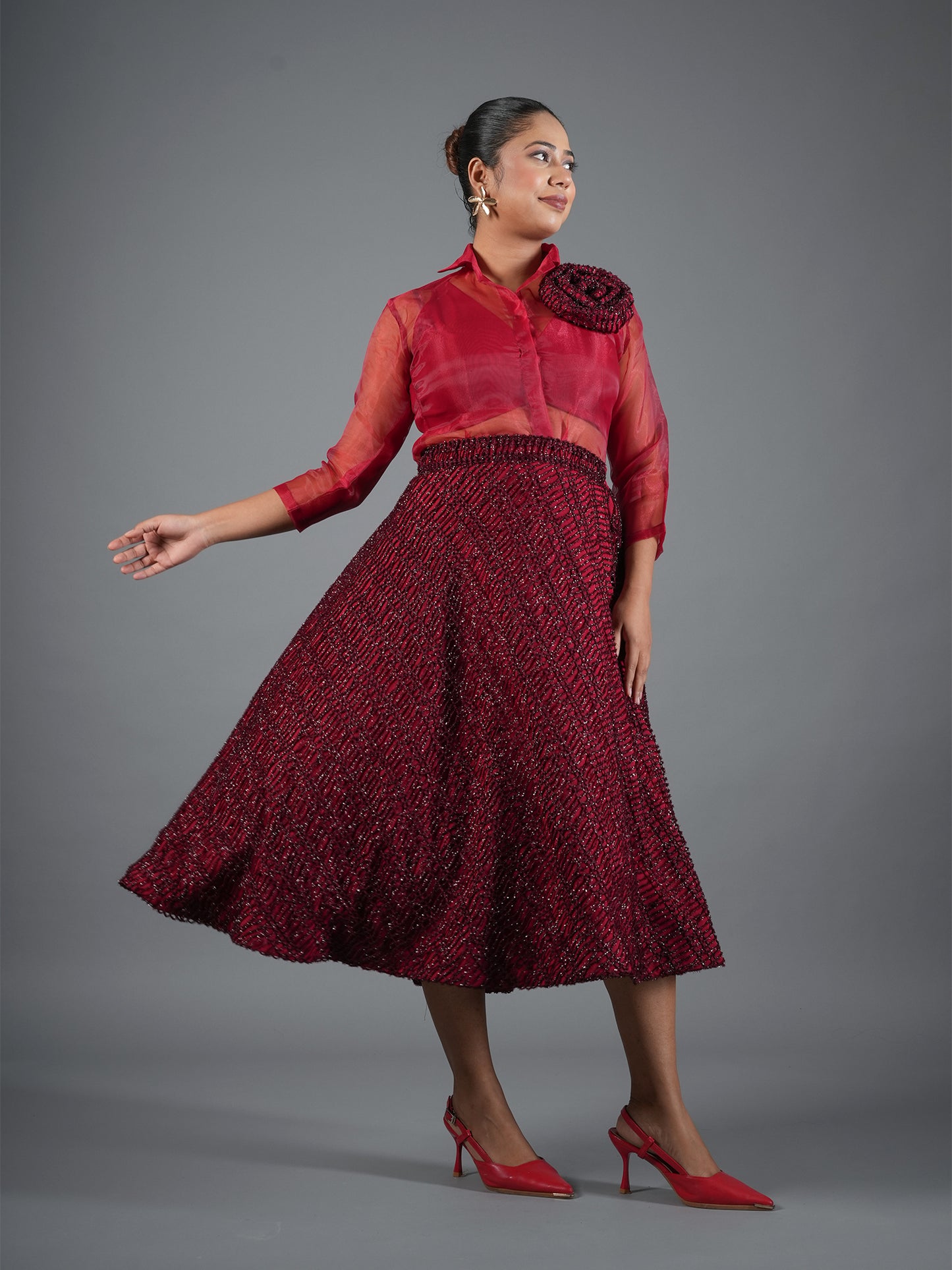 Crimson Sheer Organza Shirt & Sequin Midi Skirt Set