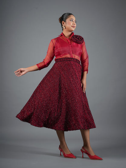 Crimson Sheer Organza Shirt & Sequin Midi Skirt Set