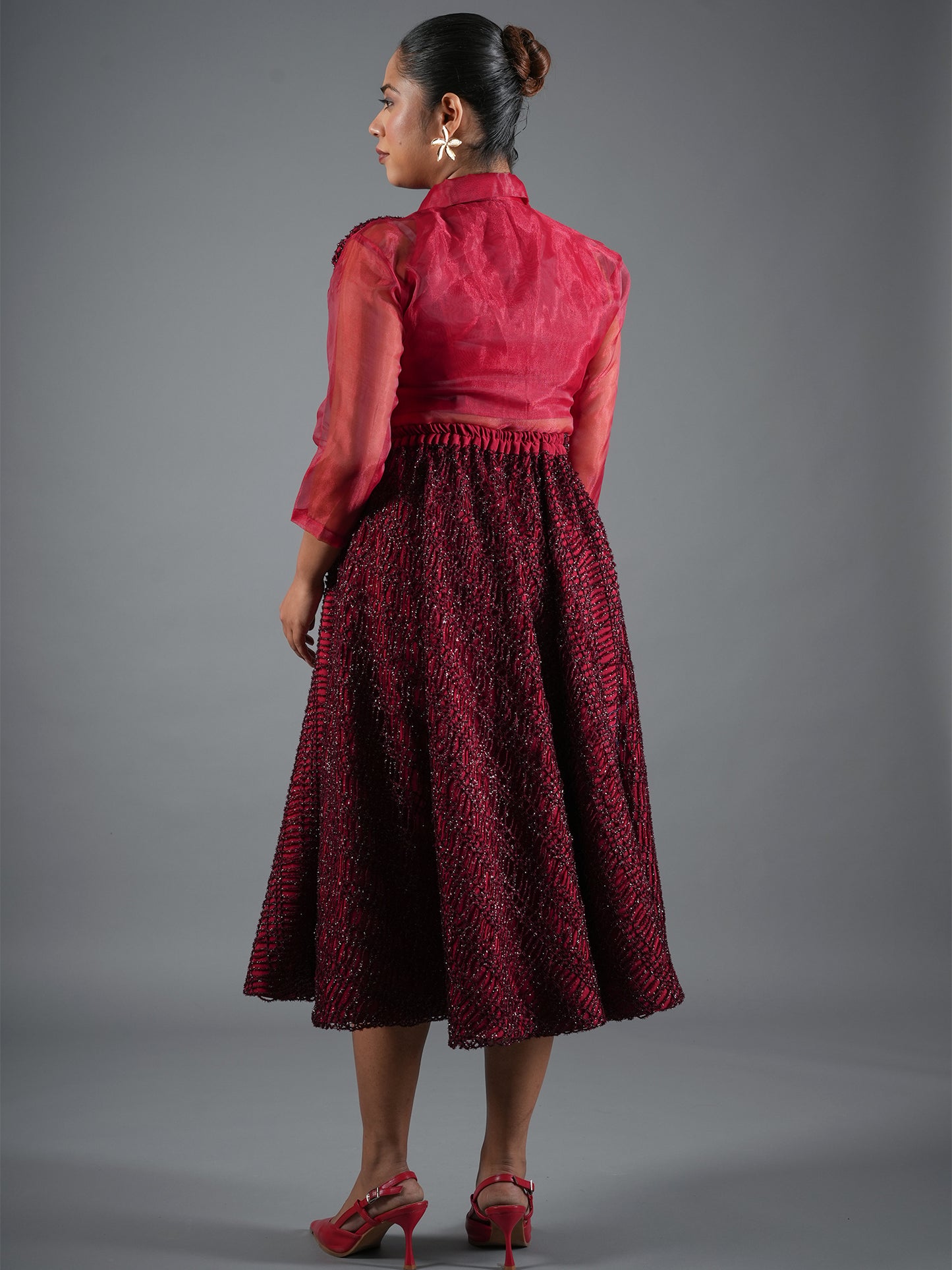 Crimson Sheer Organza Shirt & Sequin Midi Skirt Set