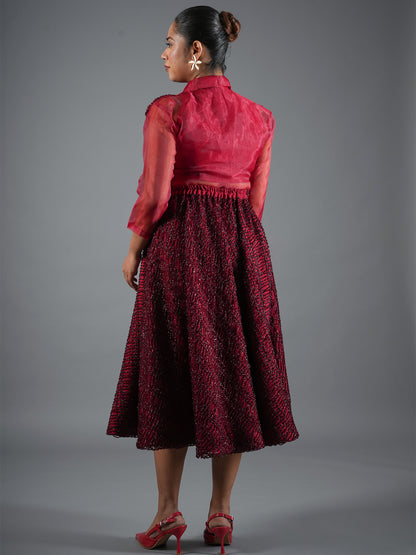 Crimson Sheer Organza Shirt & Sequin Midi Skirt Set