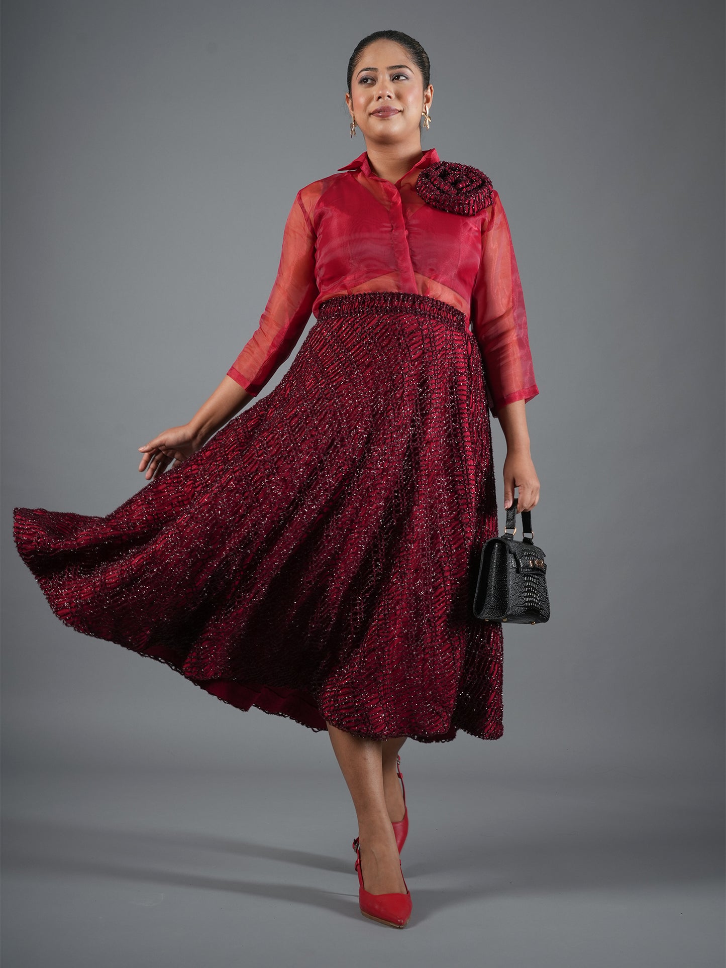 Crimson Sheer Organza Shirt & Sequin Midi Skirt Set
