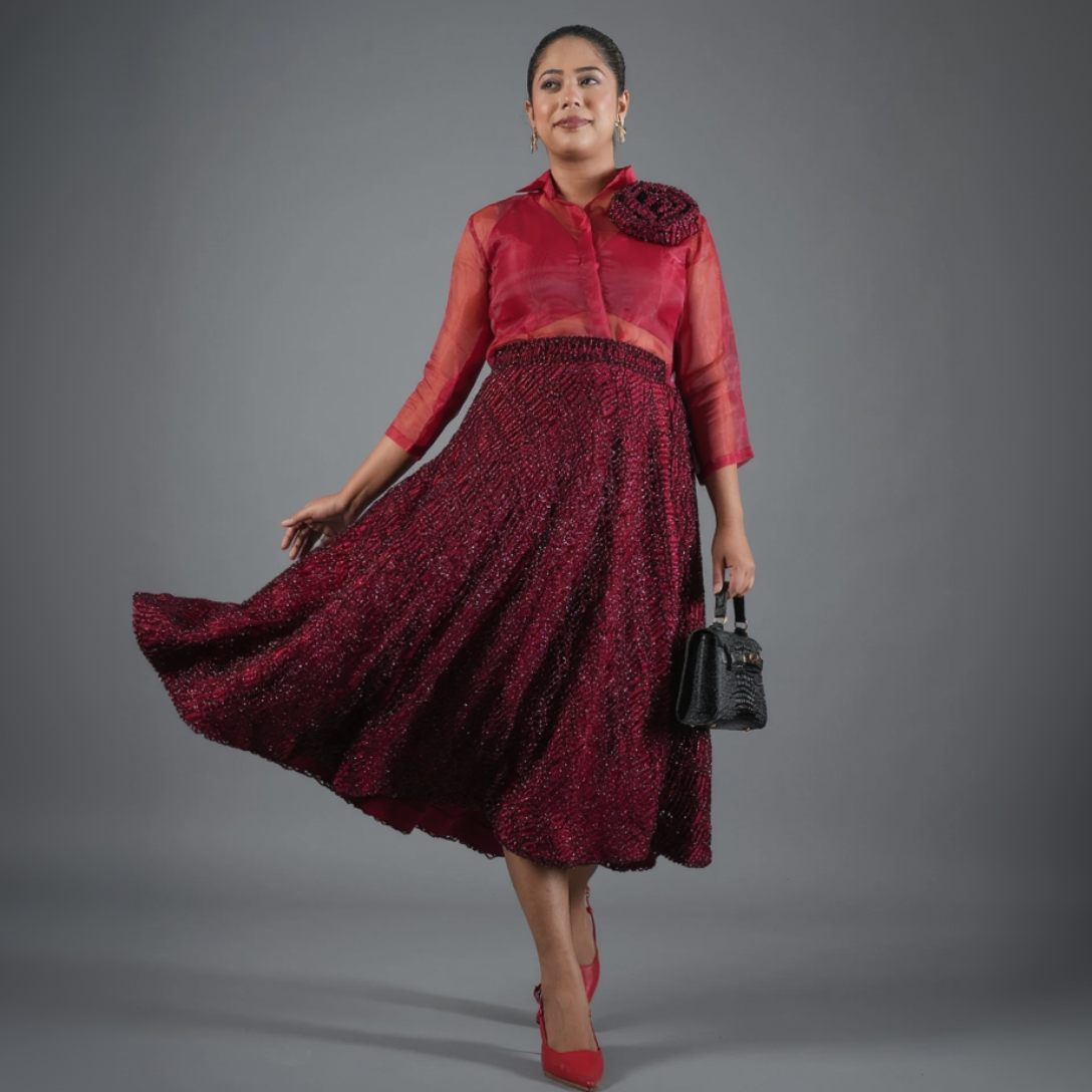 Crimson Sheer Organza Shirt & Sequin Midi Skirt Set