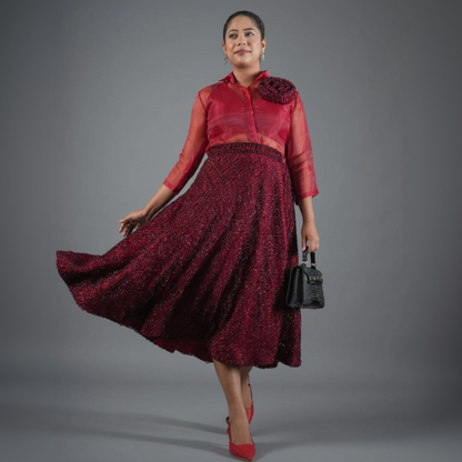 Crimson Sheer Organza Shirt & Sequin Midi Skirt Set