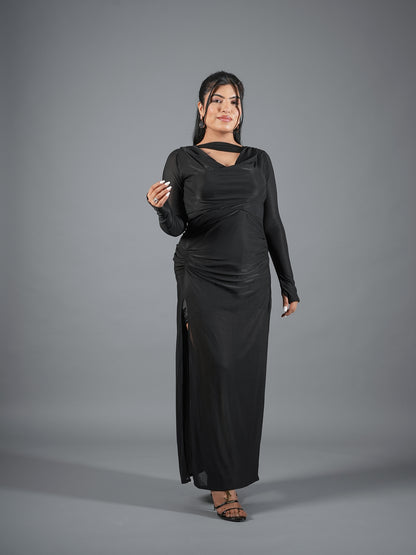 Midnight Black Long Sleeve Cowl Neck Gown