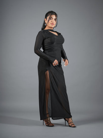 Midnight Black Long Sleeve Cowl Neck Gown