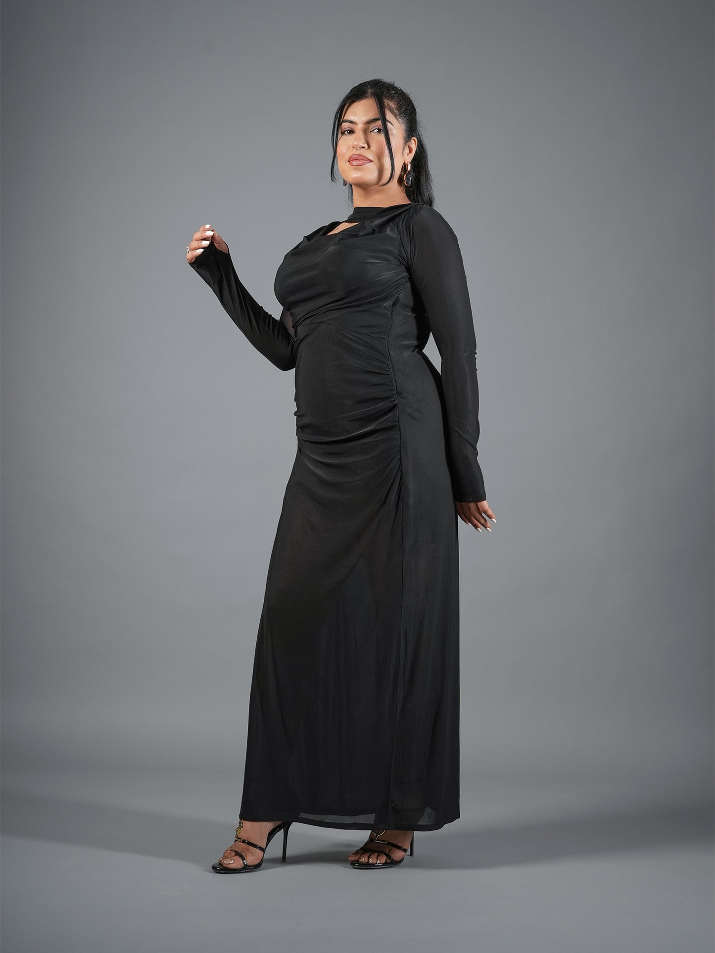 Midnight Black Long Sleeve Cowl Neck Gown