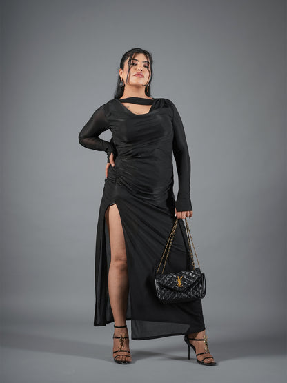 Midnight Black Long Sleeve Cowl Neck Gown