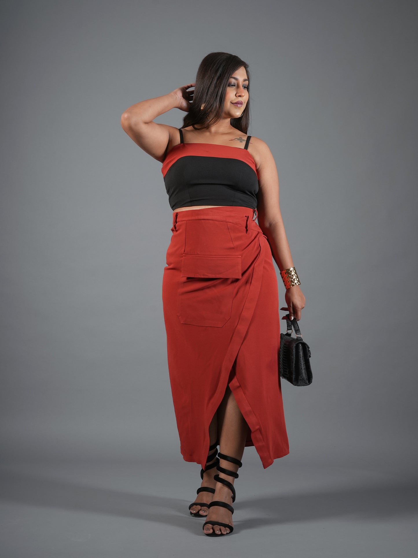 Rust & Black Utility Crop Top and Wrap Skirt Coord Set