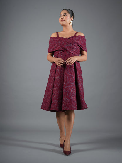 Burgundy Brocade Cross-Over Off-Shoulder Dress