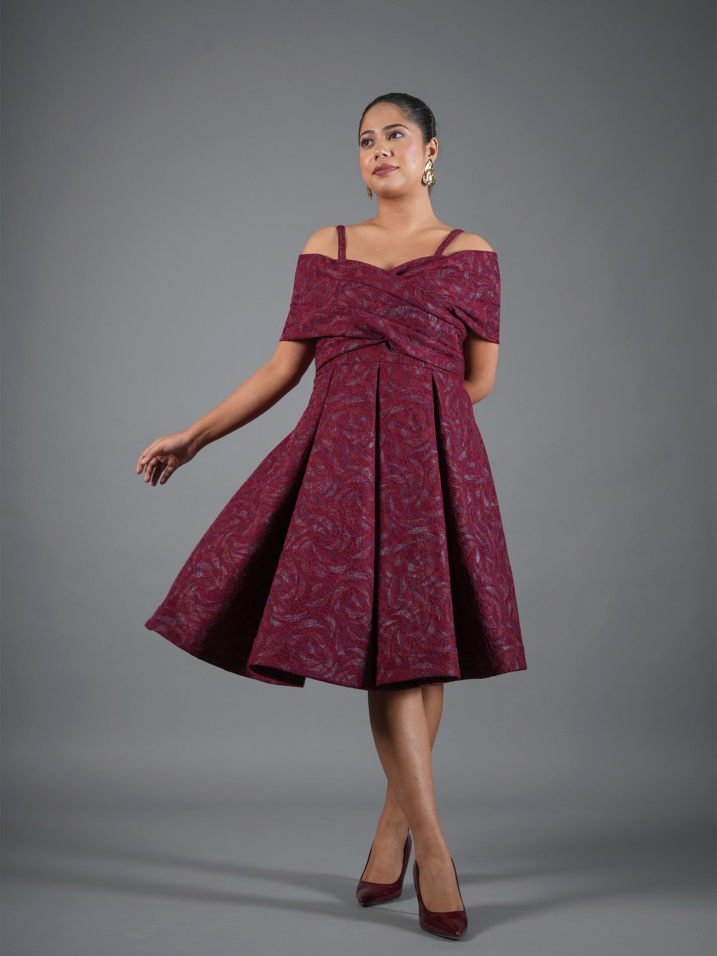 Burgundy Brocade Cross-Over Off-Shoulder Dress
