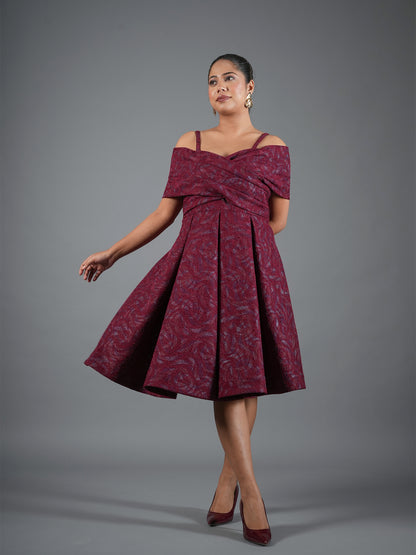 Burgundy Brocade Cross-Over Off-Shoulder Dress