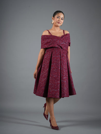 Burgundy Brocade Cross-Over Off-Shoulder Dress