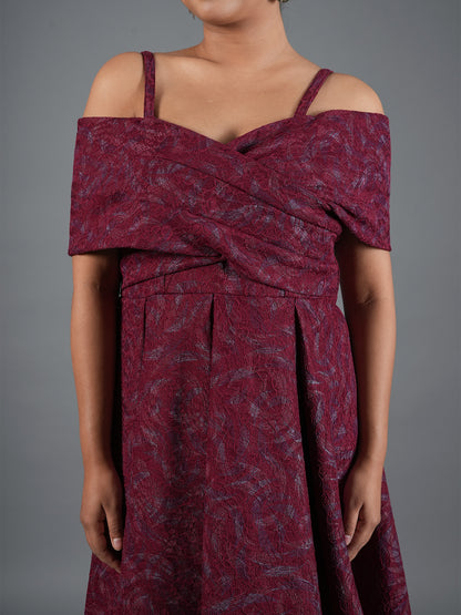 Burgundy Brocade Cross-Over Off-Shoulder Dress