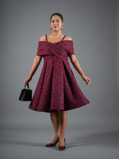 Burgundy Brocade Cross-Over Off-Shoulder Dress