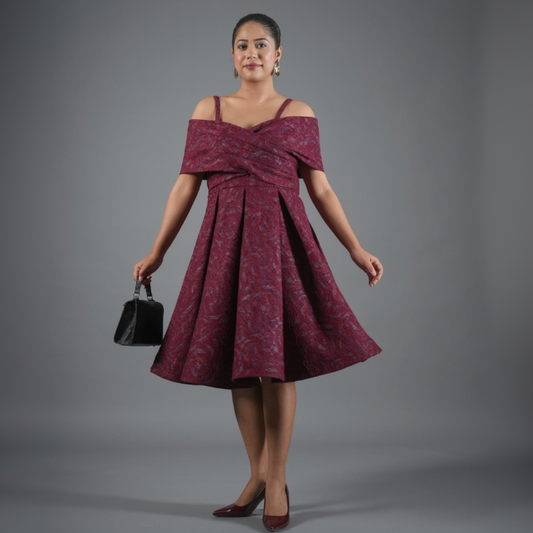 Burgundy Brocade Cross-Over Off-Shoulder Dress