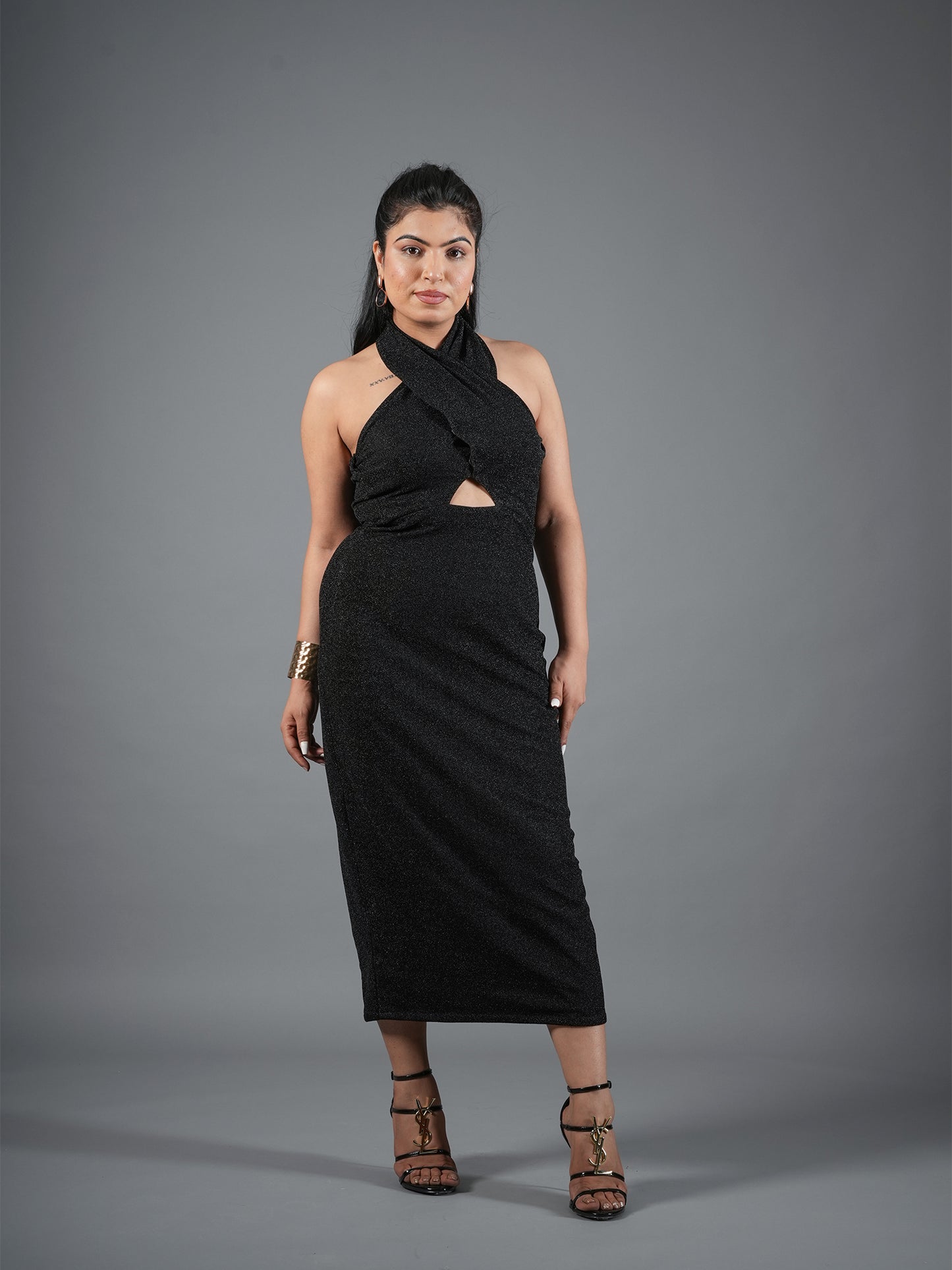 Midnight Shimmer Halter Cut-Out Midi Dress