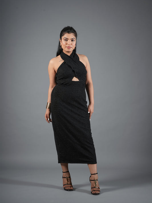 Midnight Shimmer Halter Cut-Out Midi Dress