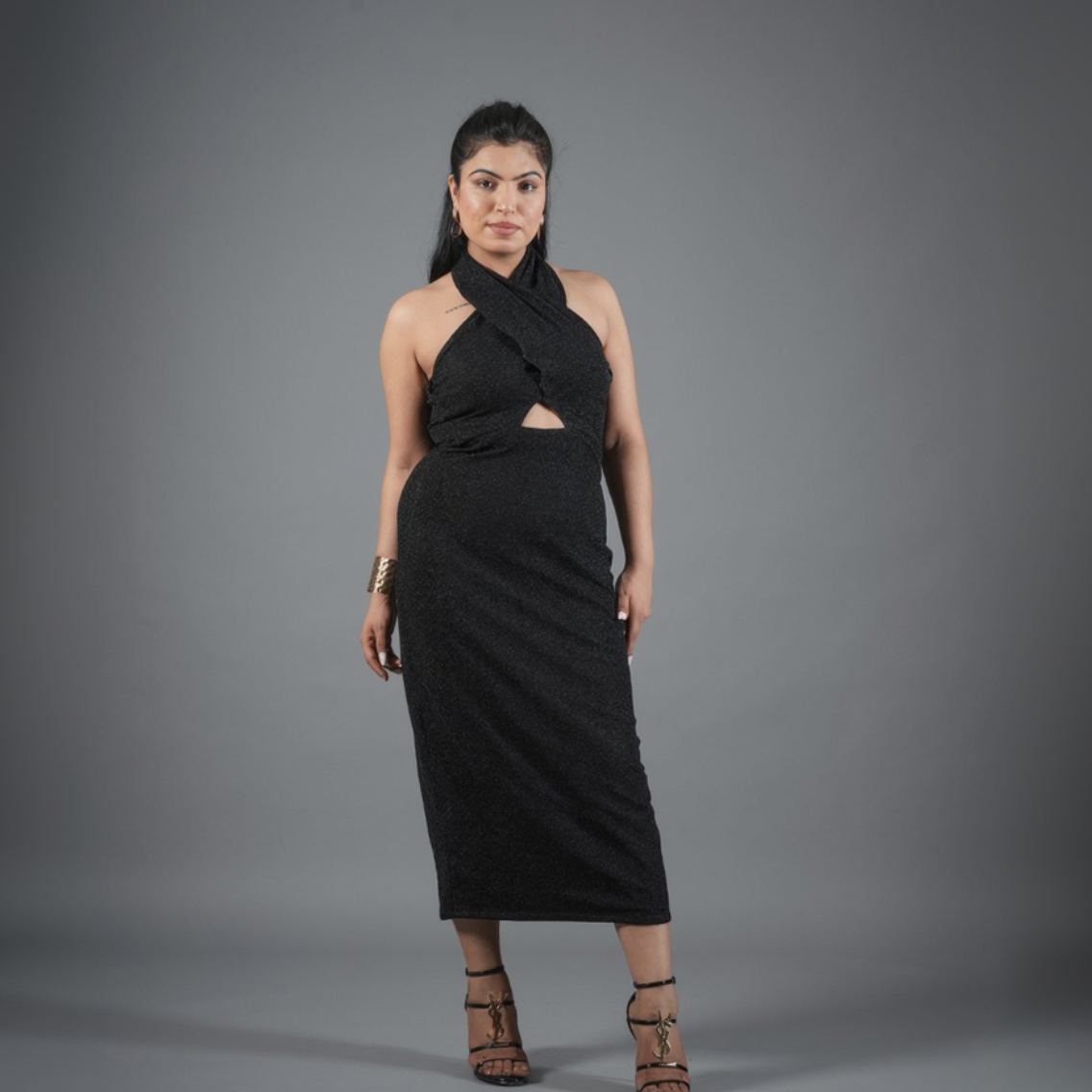 Midnight Shimmer Halter Cut-Out Midi Dress