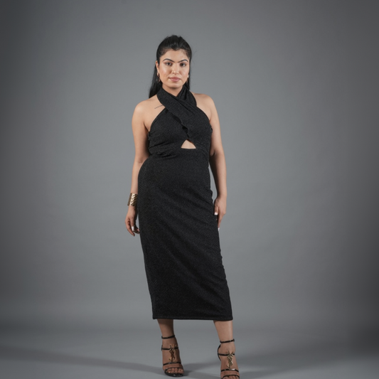 Midnight Shimmer Halter Cut-Out Midi Dress