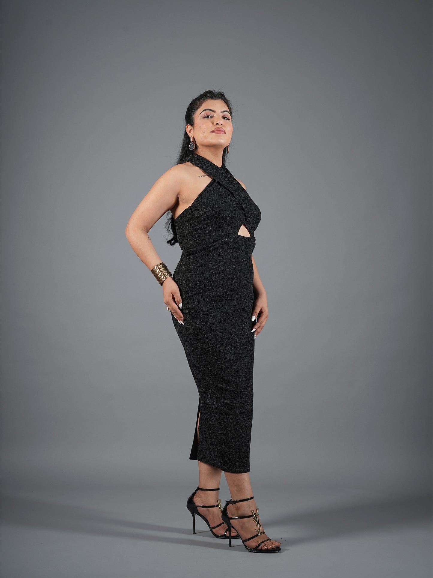 Midnight Shimmer Halter Cut-Out Midi Dress