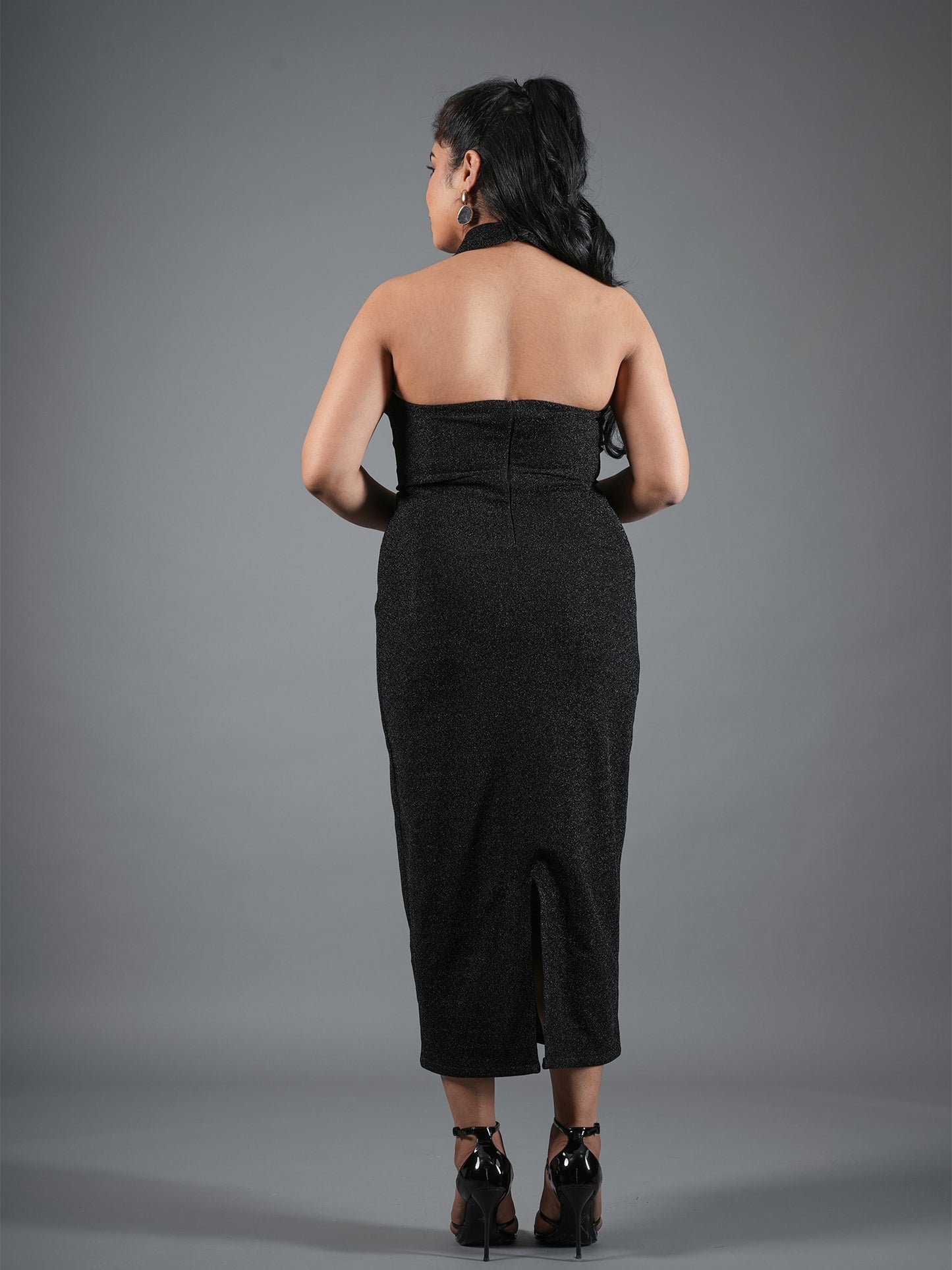 Midnight Shimmer Halter Cut-Out Midi Dress