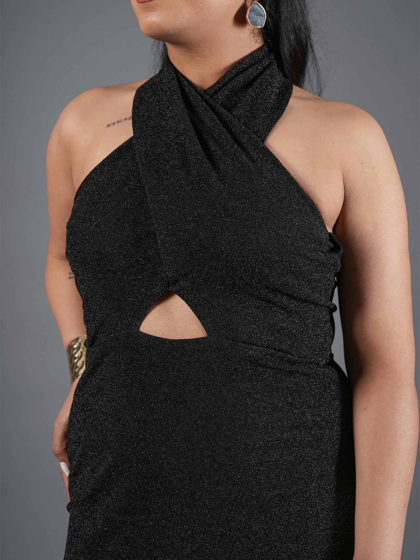 Midnight Shimmer Halter Cut-Out Midi Dress