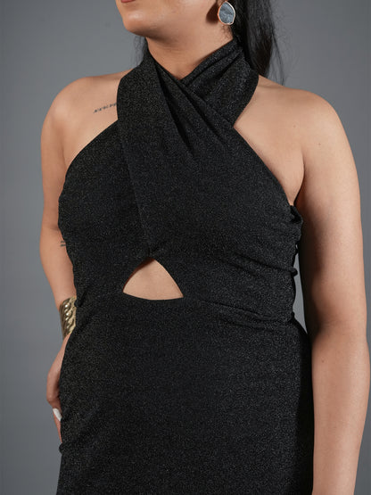 Midnight Shimmer Halter Cut-Out Midi Dress