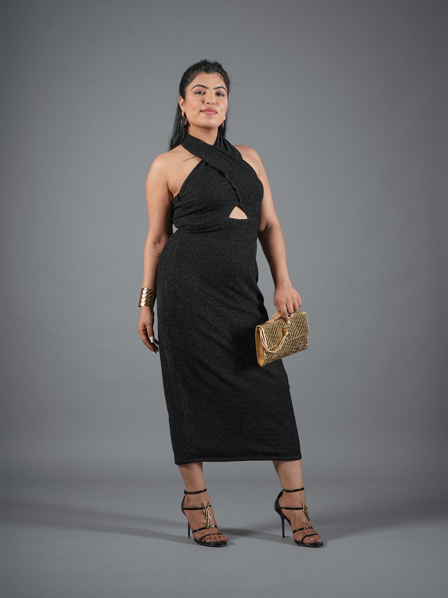 Midnight Shimmer Halter Cut-Out Midi Dress