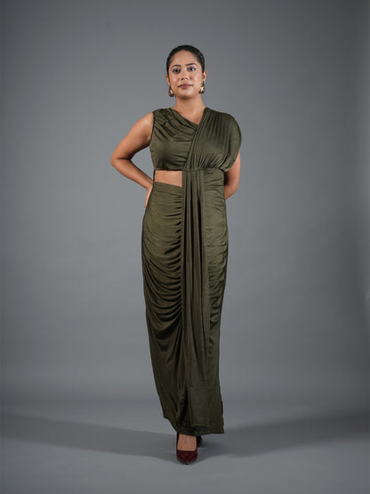 Olive Green Draped Maxi Dress with Waist Cut-Out