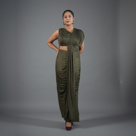 Olive Green Draped Maxi Dress with Waist Cut-Out