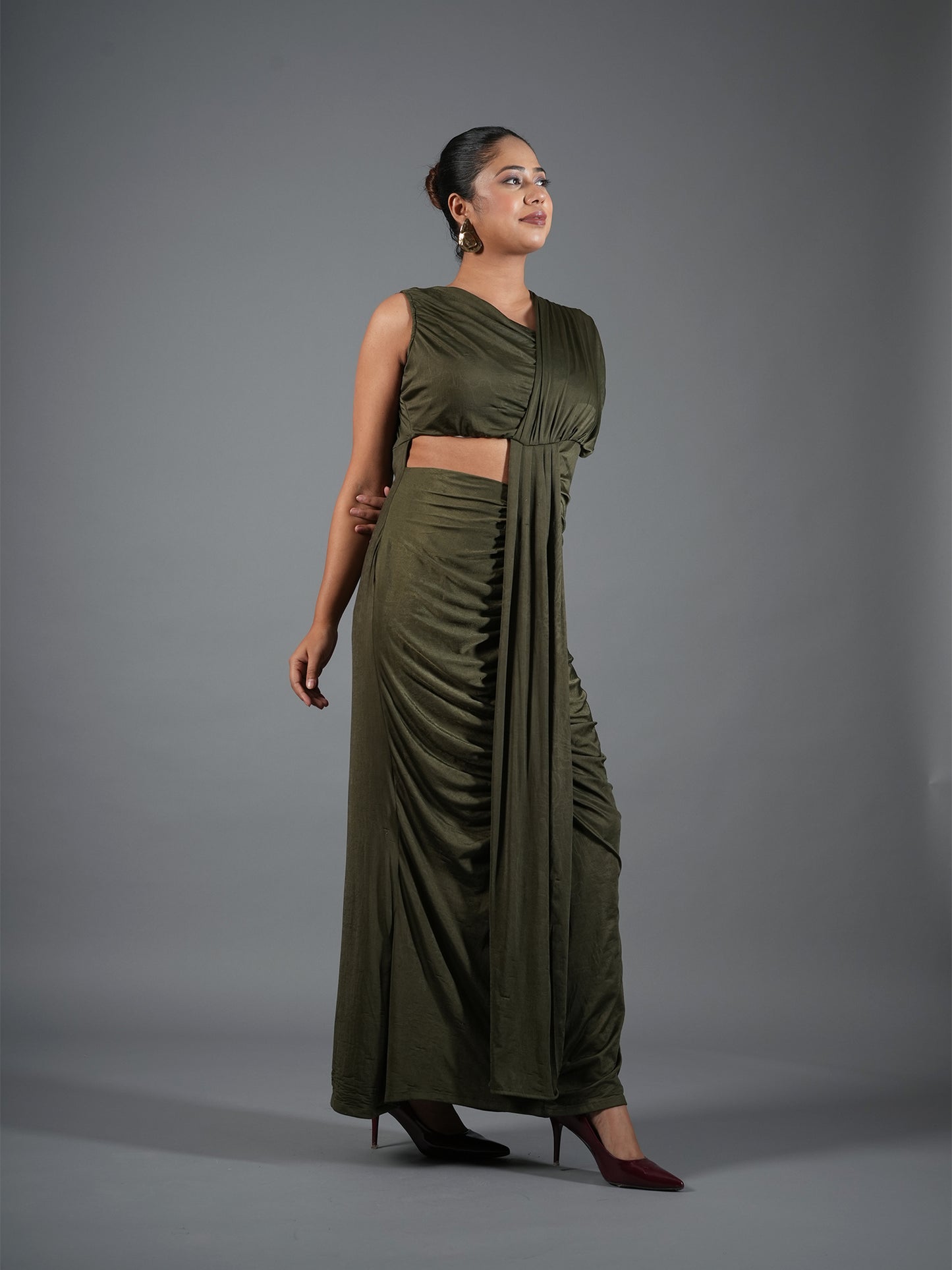 Olive Green Draped Maxi Dress with Waist Cut-Out