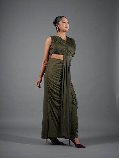 Olive Green Draped Maxi Dress with Waist Cut-Out