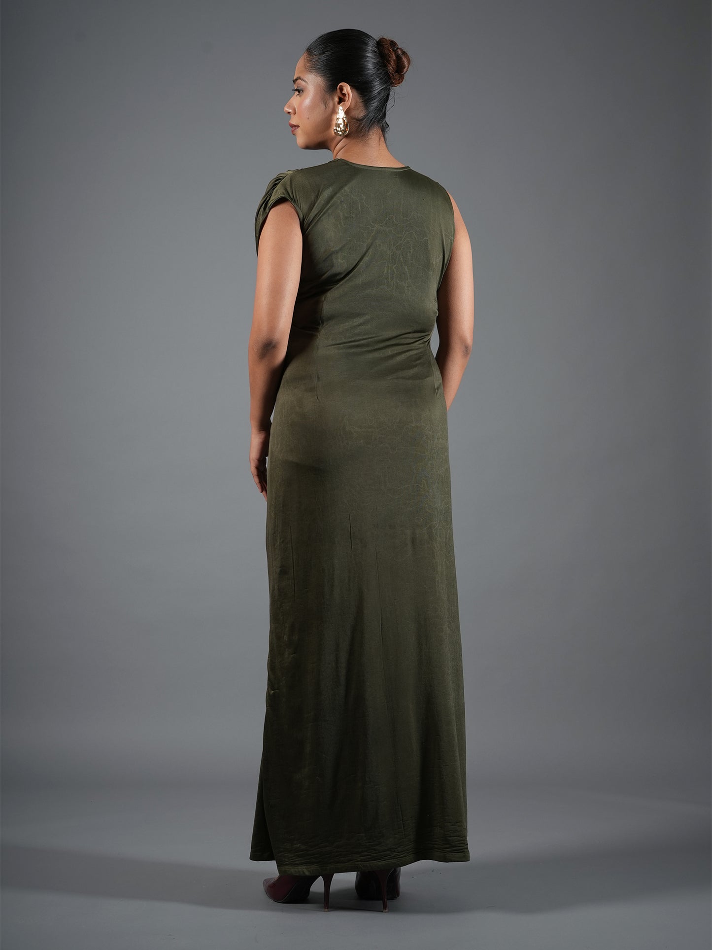 Olive Green Draped Maxi Dress with Waist Cut-Out
