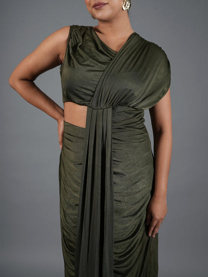 Olive Green Draped Maxi Dress with Waist Cut-Out