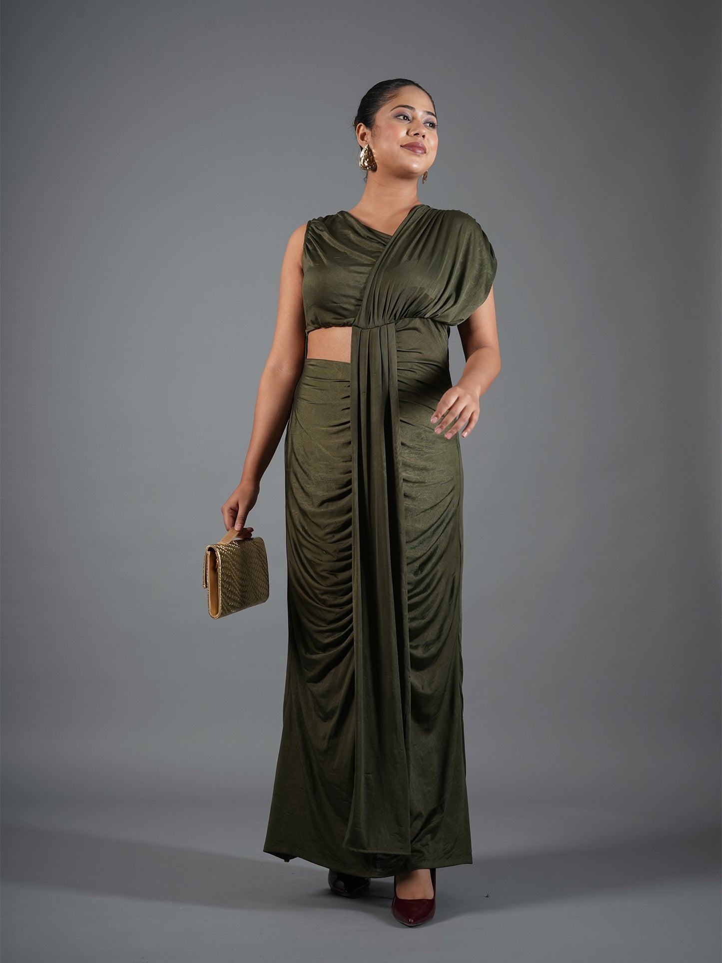 Olive Green Draped Maxi Dress with Waist Cut-Out