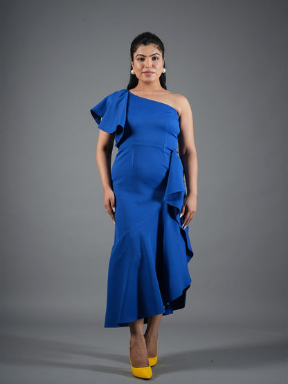 Cobalt Blue One-Shoulder High-Low Ruffle Dress