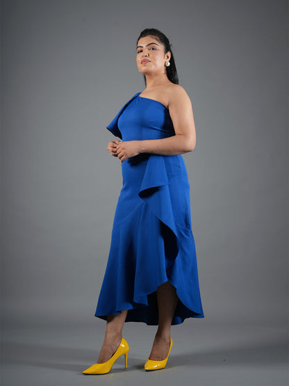 Cobalt Blue One-Shoulder High-Low Ruffle Dress