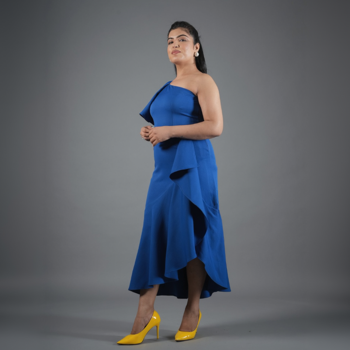Cobalt Blue One-Shoulder High-Low Ruffle Dress – Clasyy