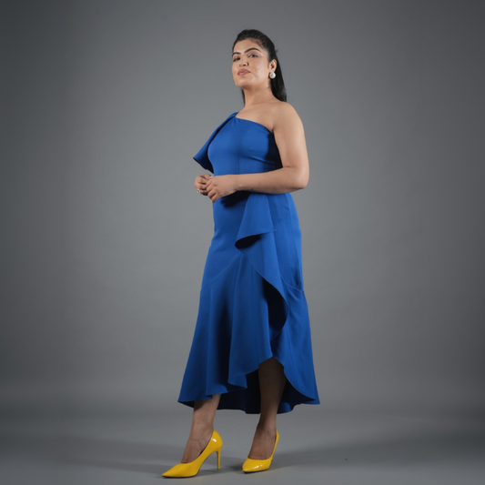 Cobalt Blue One-Shoulder High-Low Ruffle Dress
