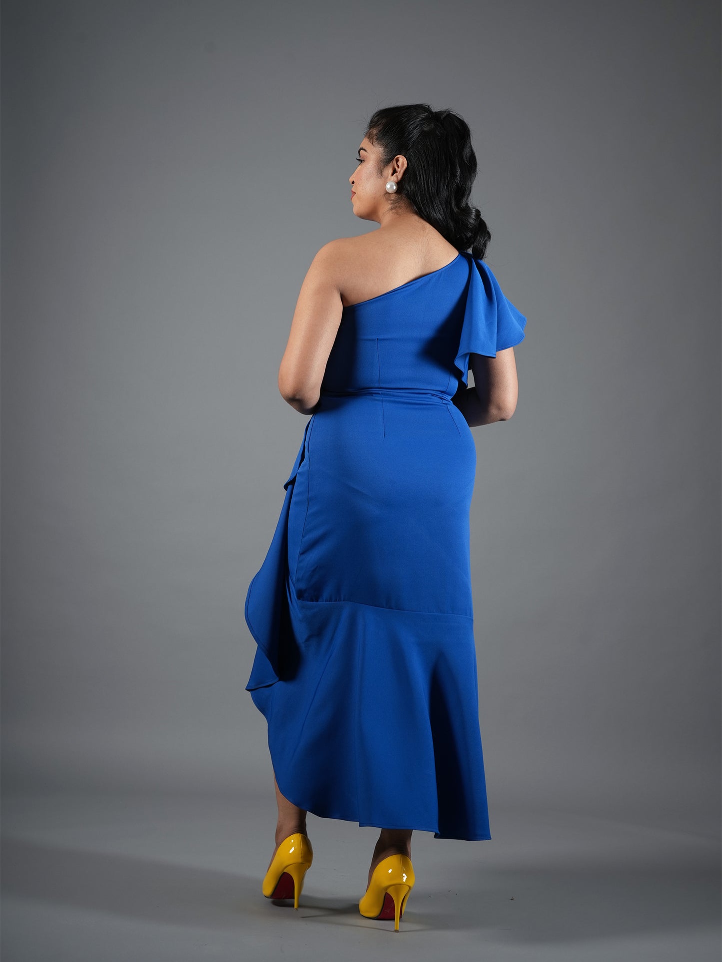 Cobalt Blue One-Shoulder High-Low Ruffle Dress