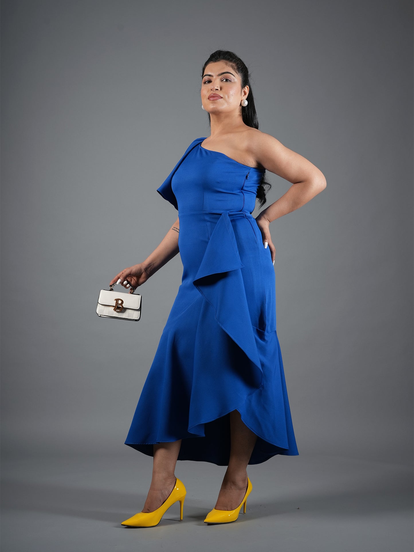 Cobalt Blue One-Shoulder High-Low Ruffle Dress