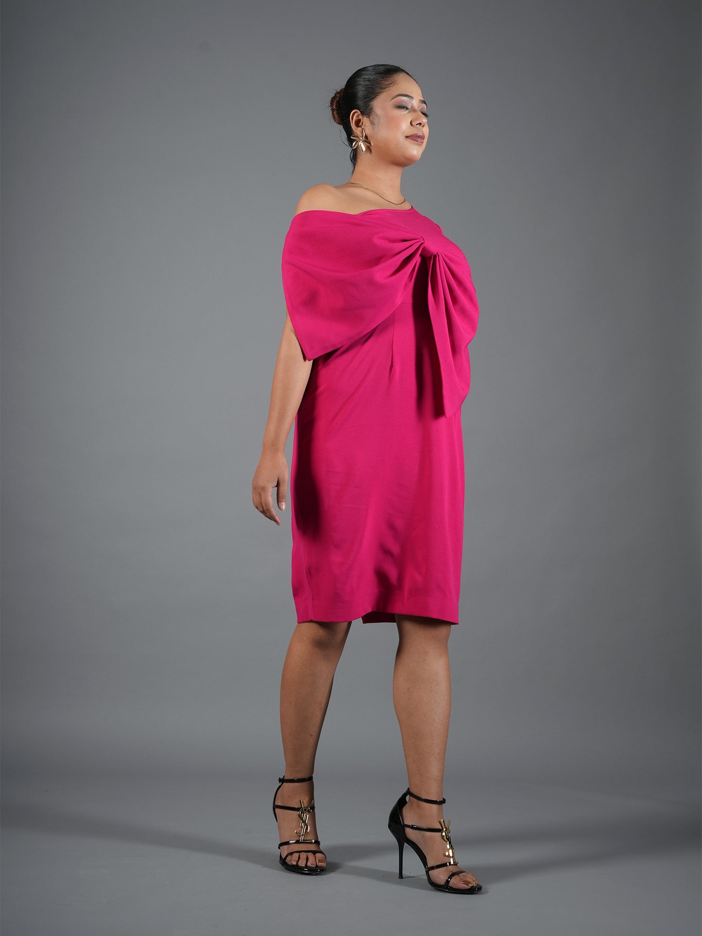 Fuchsia Pink Drape Bow Sheath Dress