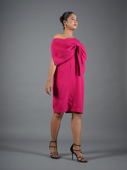 Fuchsia Pink Drape Bow Sheath Dress
