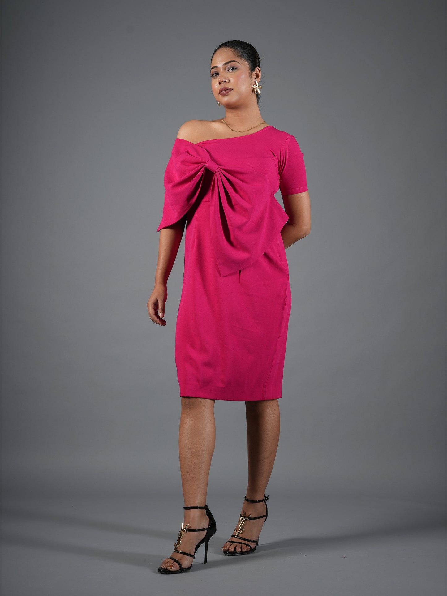 Fuchsia Pink Drape Bow Sheath Dress
